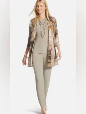 Chicos Travelers Kimono Cardigan - Neutral Taupe Asian Print size 3 XL